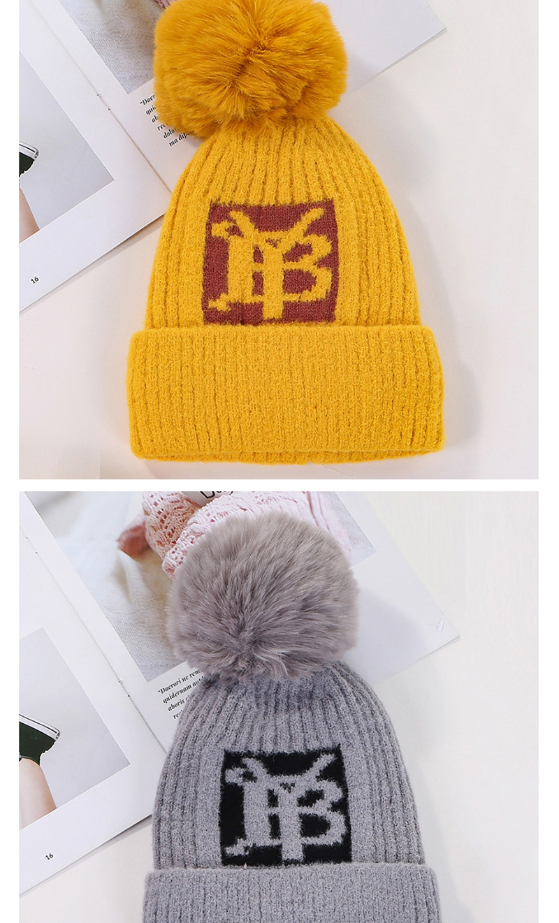 Fashion Yellow Velvet Yb Letter Wool Ball Knitted Hat,Knitting Wool Hats