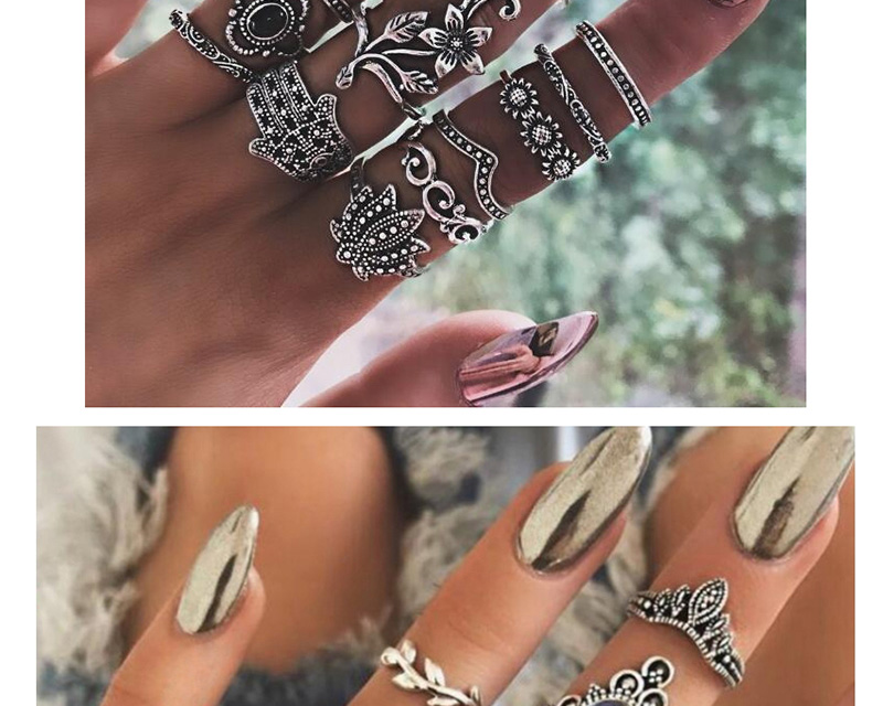 Fashion Ancient Silver Elephant Feather Leaf Geometric Ring Set,Rings Set