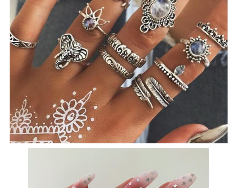 Fashion Ancient Silver Moon Crown Diamond And Geometric Ring Set,Rings Set
