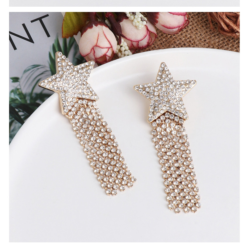 Fashion Pearl Geometric Pentagram Diamond Tassel Earrings,Drop Earrings