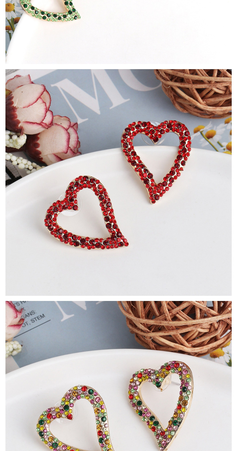 Fashion Red Diamond Symmetric Heart Pierced Earrings,Stud Earrings