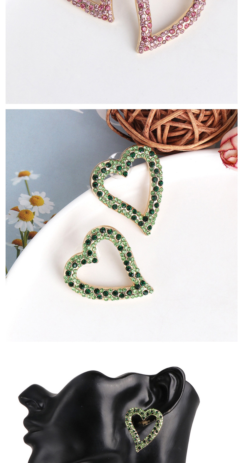 Fashion Green Diamond Symmetric Heart Pierced Earrings,Stud Earrings