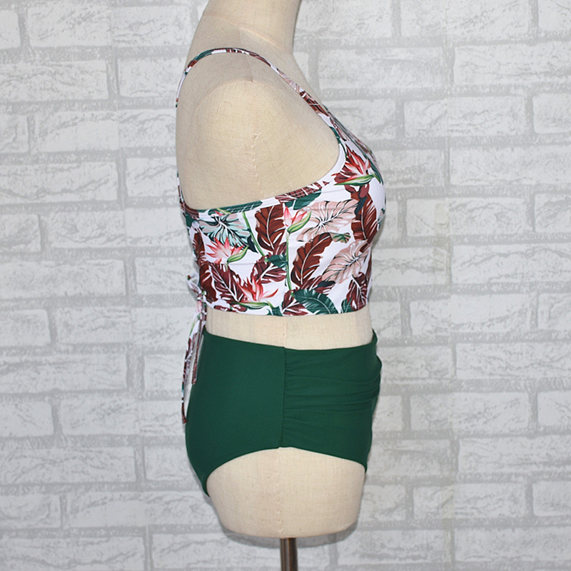 Fashion Green Printed Suspender High Waist Pleated Split Swimsuit,Bikini Sets