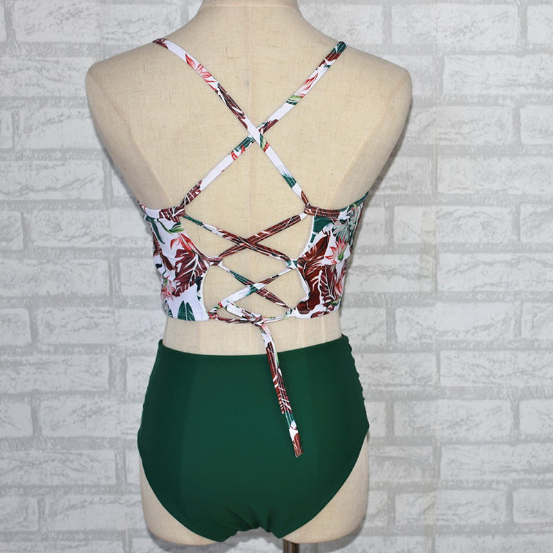 Fashion Red Wine Printed Suspender High Waist Pleated Split Swimsuit,Bikini Sets