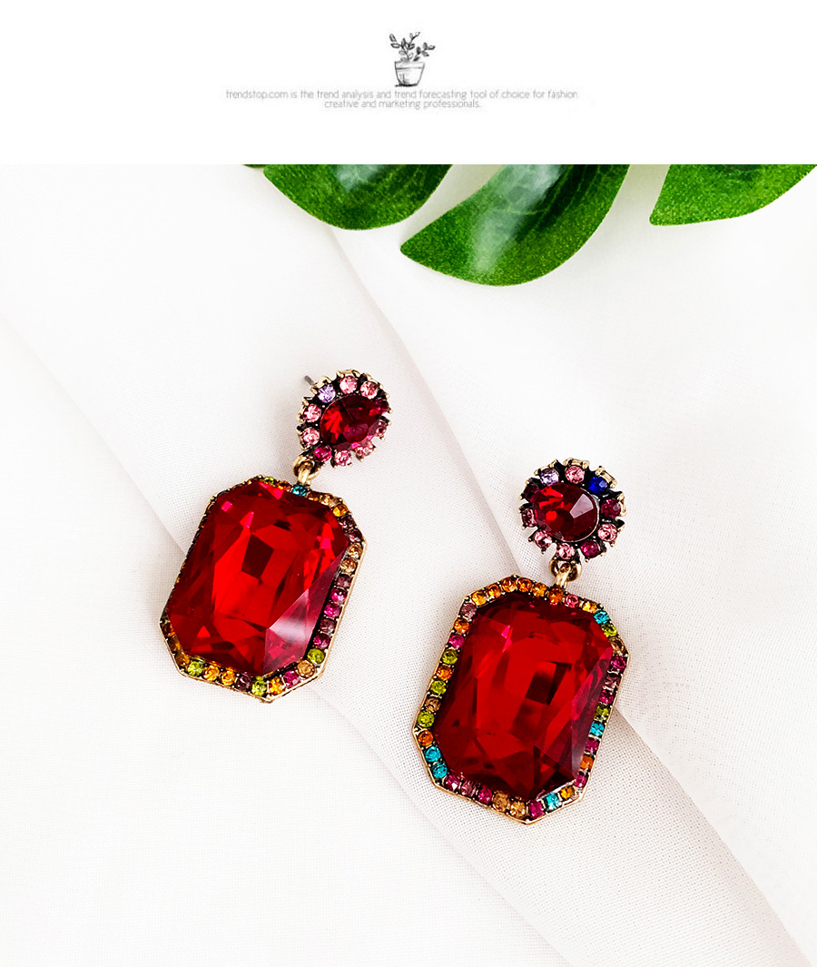 Fashion Rose Red Alloy Diamond Square Stud Earrings,Drop Earrings