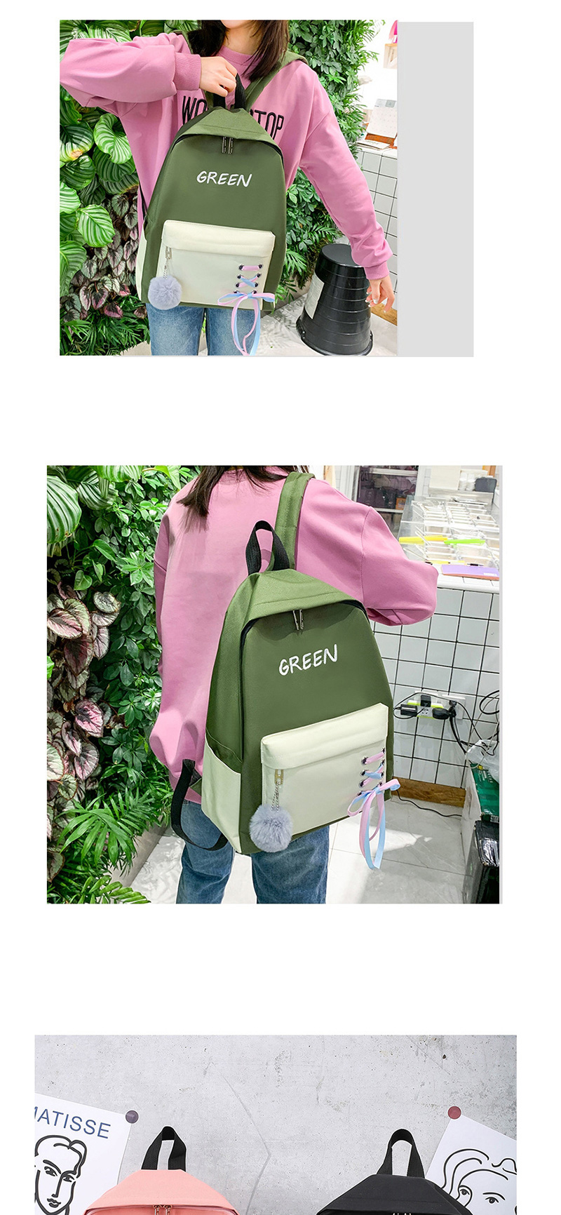 Fashion Green Contrast Four-piece Backpack With Contrast Straps,Backpack