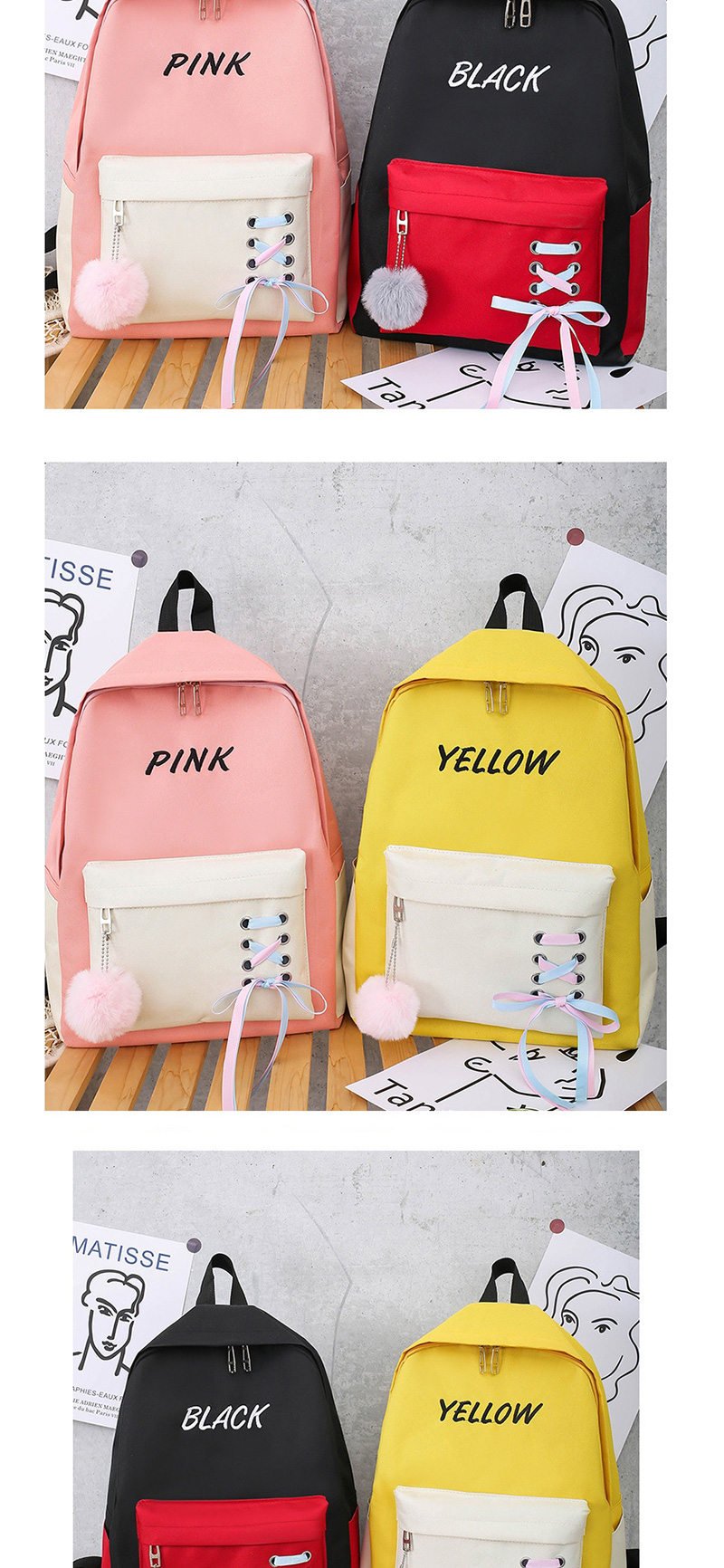 Fashion Pink Contrast Four-piece Backpack With Contrast Straps,Backpack