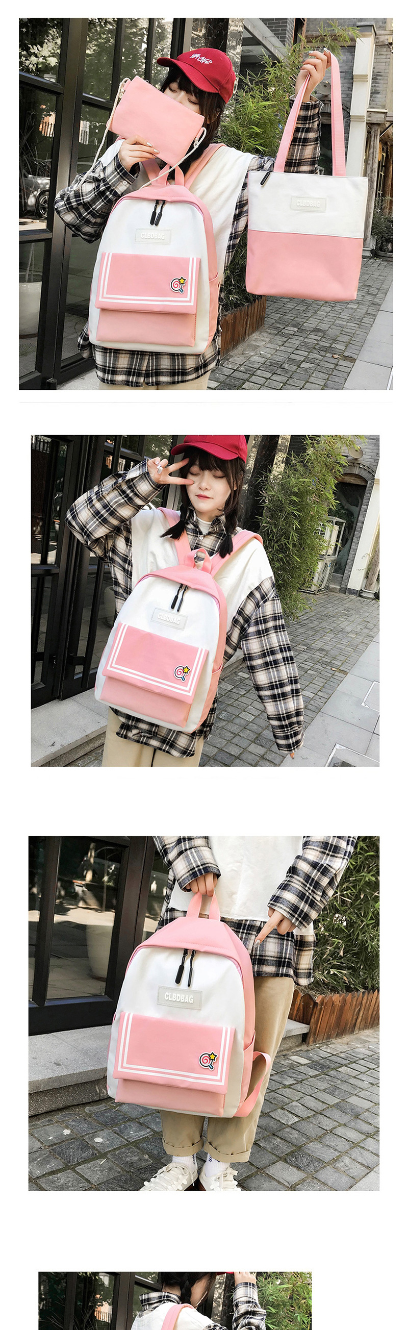 Fashion Pink Three-piece Backpack With Stitched Contrast Stripes,Backpack