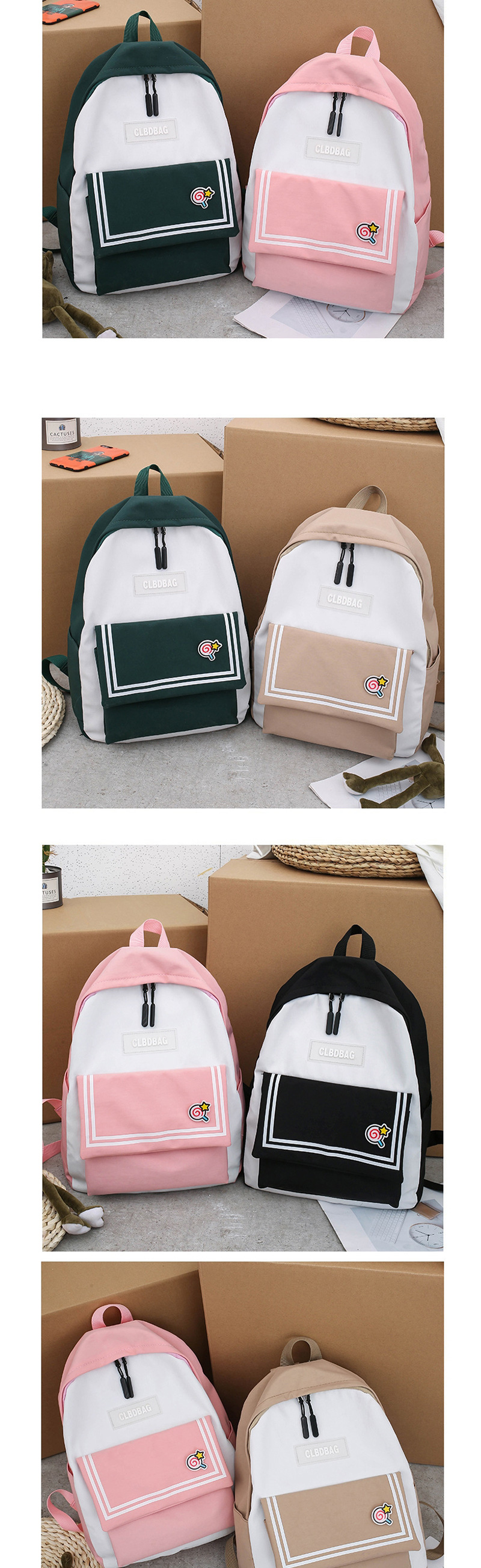 Fashion Pink Three-piece Backpack With Stitched Contrast Stripes,Backpack