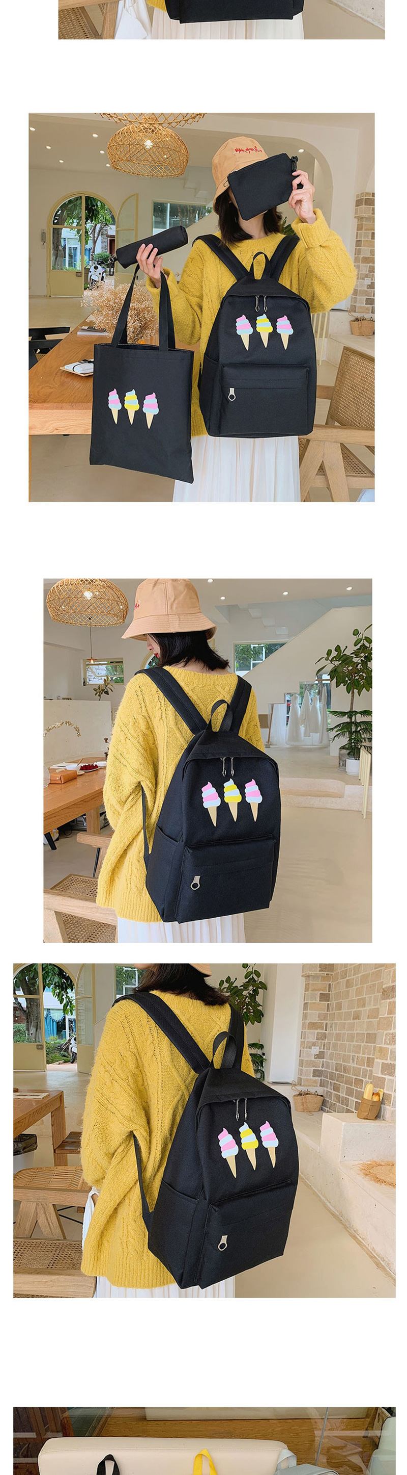 Fashion Black Ice Cream Print Backpack Four-piece,Backpack