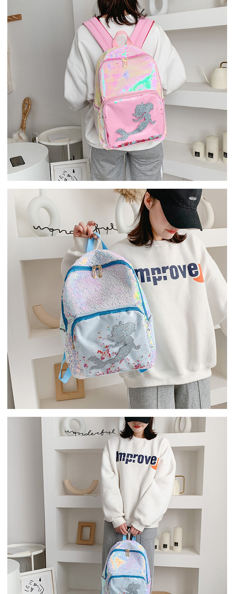 Fashion Splash Powder Sequined Mermaid Backpack,Backpack