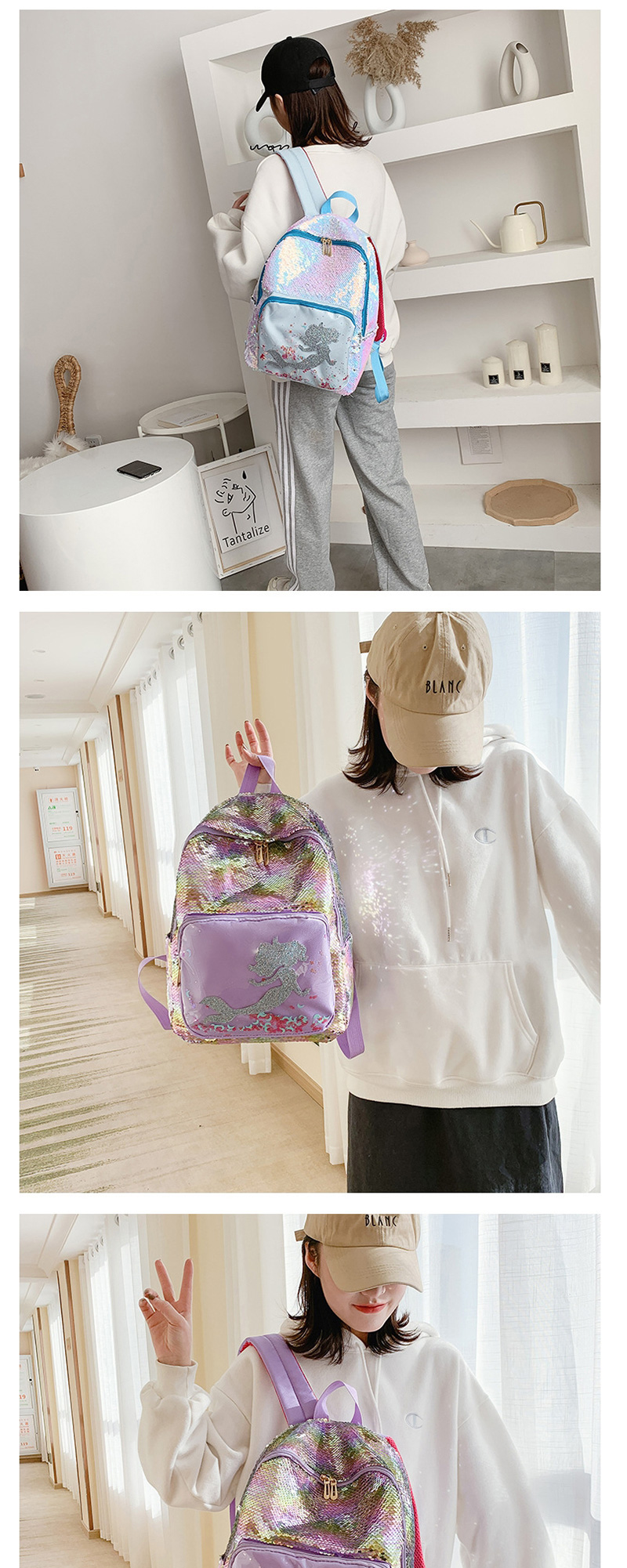 Fashion Light Rose Sequined Mermaid Backpack,Backpack