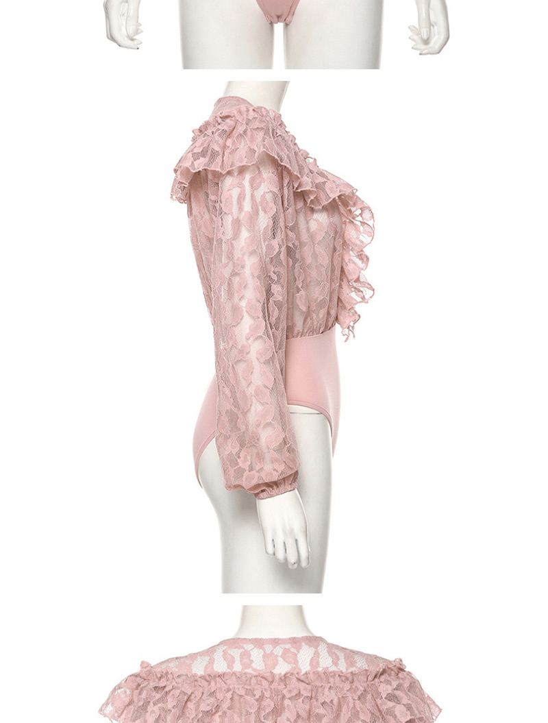 Fashion Pink Lace V-neck Fungus Stitching Slim Bodysuit,Pants