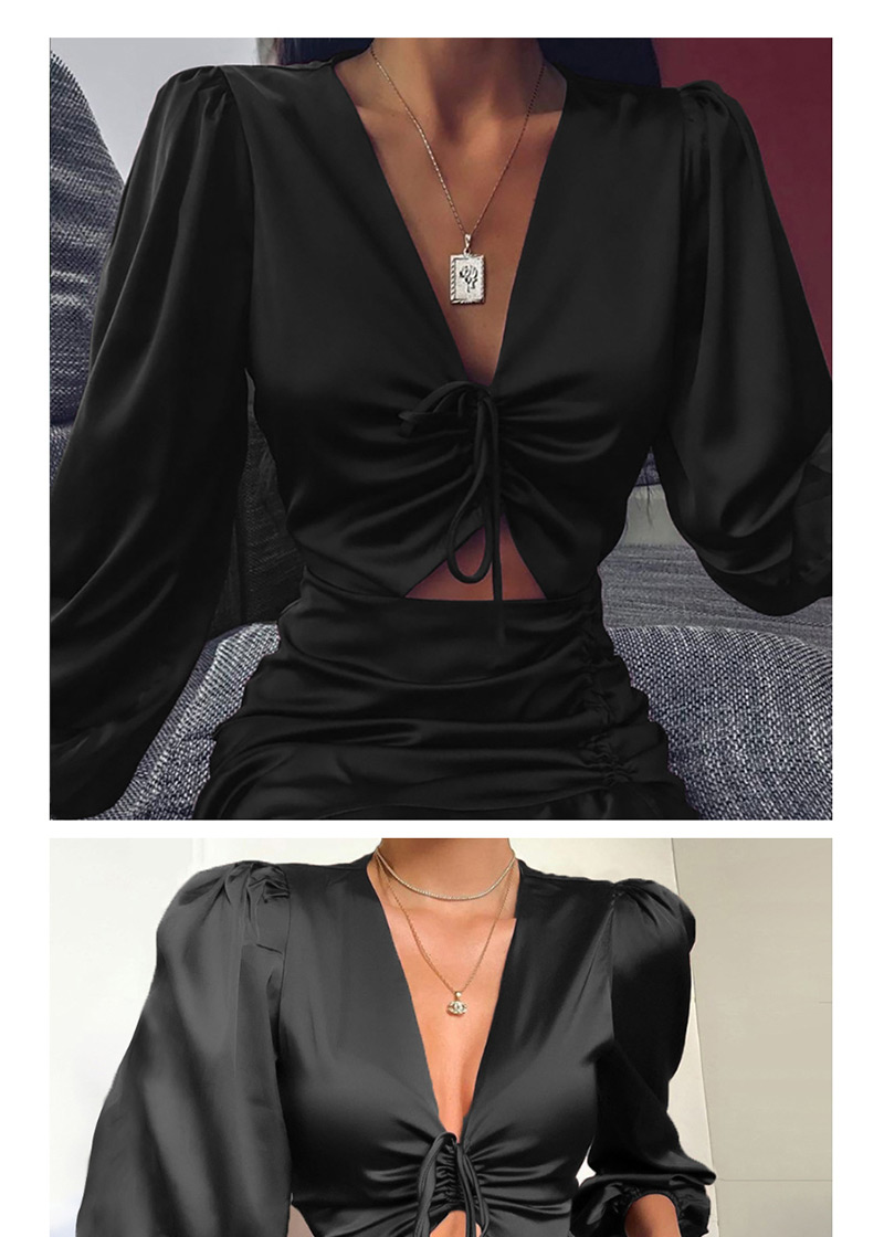 Fashion Black Long Sleeve V-neck Drawstring Ruffle Patchwork Dress,Mini & Short Dresses