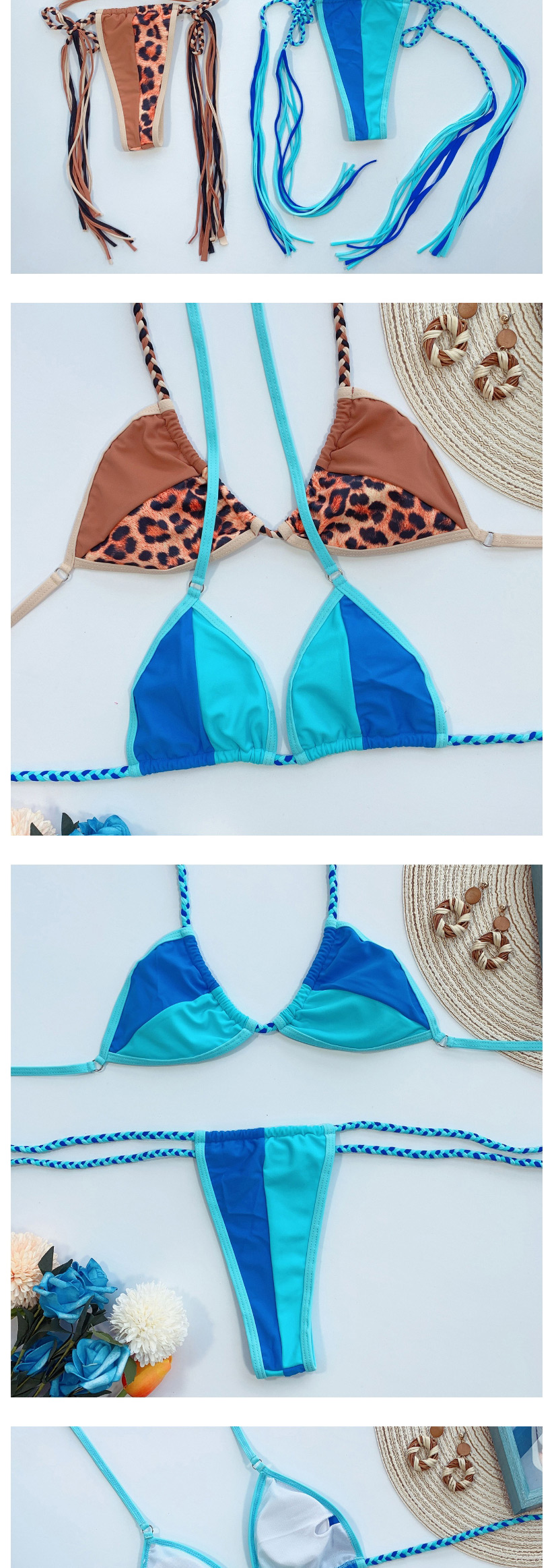 Fashion Blue Contrast Stitching Braided Strap Triangle Package Split Swimsuit,Bikini Sets