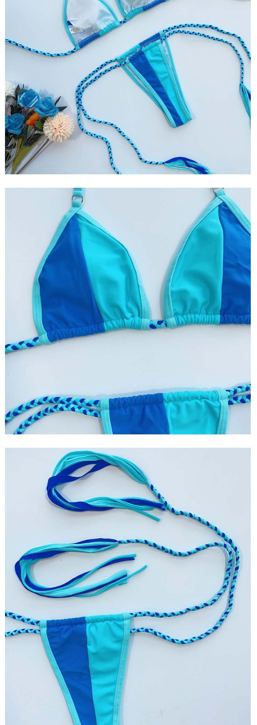 Fashion Blue Contrast Stitching Braided Strap Triangle Package Split Swimsuit,Bikini Sets