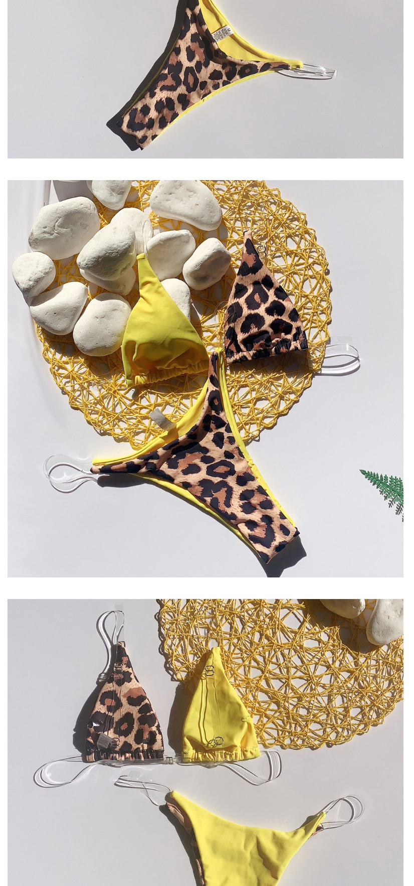 Fashion Rose Red Leopard Stitching Contrast Transparent Band Split Swimsuit,Bikini Sets