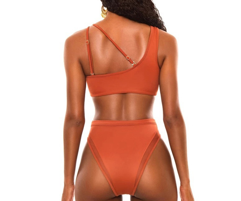 Fashion Pure Orange Mesh One-shoulder High Waist Split Swimsuit,Bikini Sets