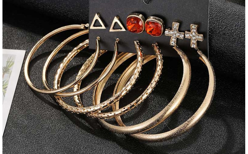 Fashion Red Large Circle Diamond Cross Triangle Geometric Earrings Set,Earrings set