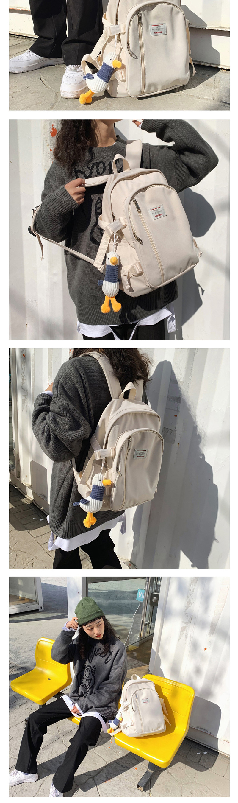 Fashion White With Pendant Stitched Letter Logo Buckle Backpack,Backpack
