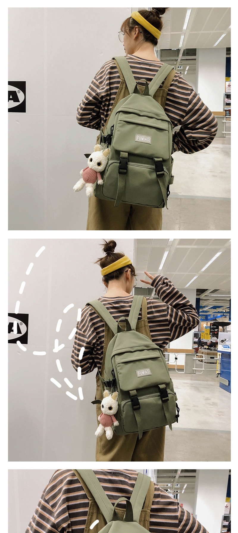 Fashion Khaki Ribbon Pendant Nylon Backpack With Patch Letters,Backpack