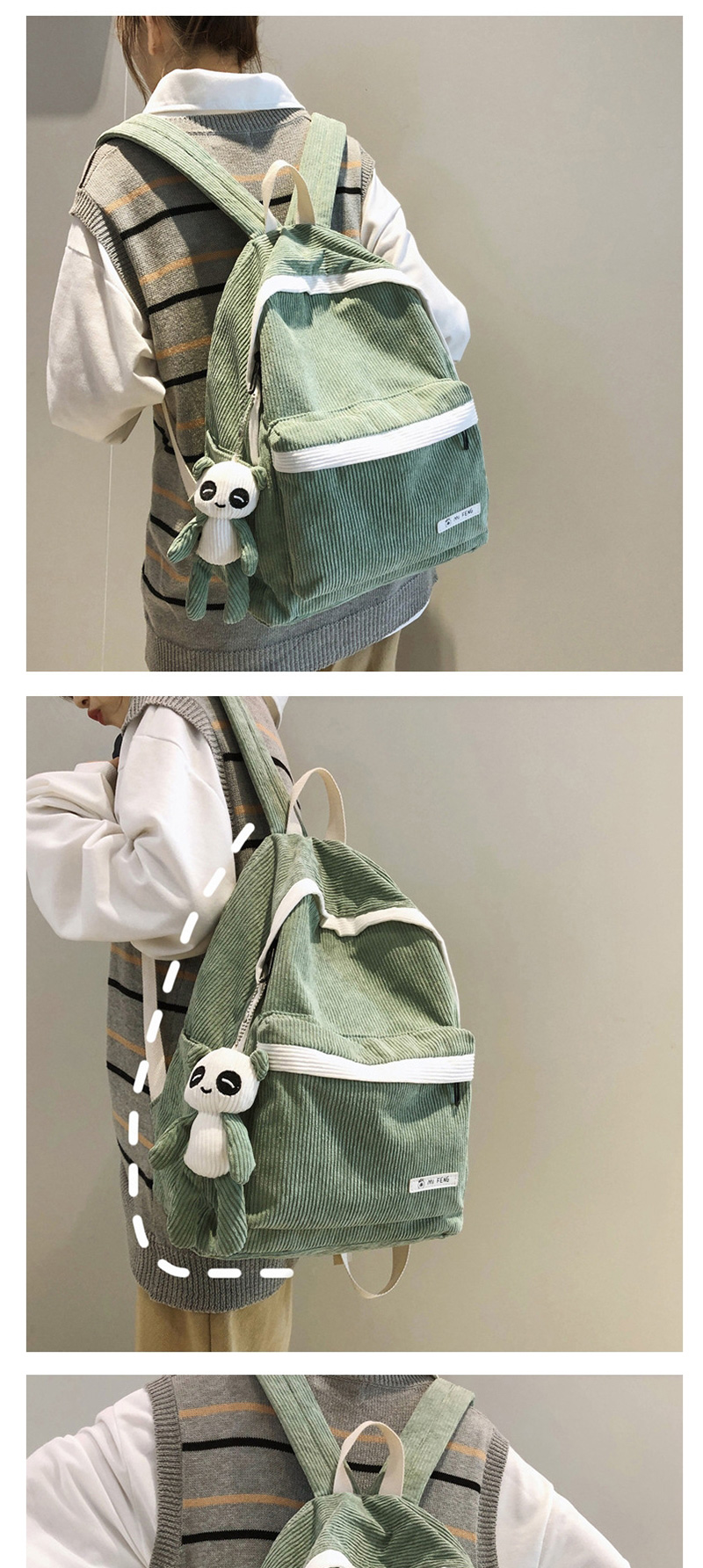 Fashion Green Belt Pendant Stitched Contrast Corduroy Backpack,Backpack