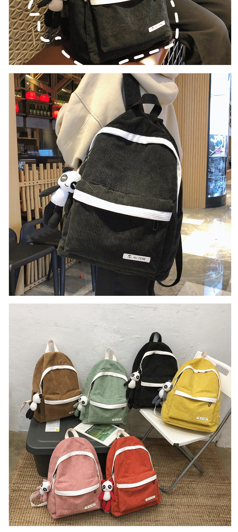 Fashion Black With Pendant Stitched Contrast Corduroy Backpack,Backpack