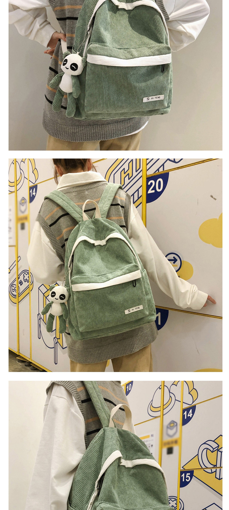Fashion Green Stitched Contrast Corduroy Backpack,Backpack