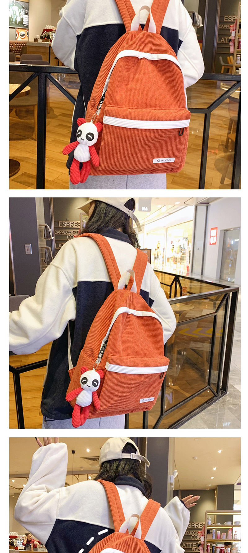 Fashion Orange Stitched Contrast Corduroy Backpack,Backpack