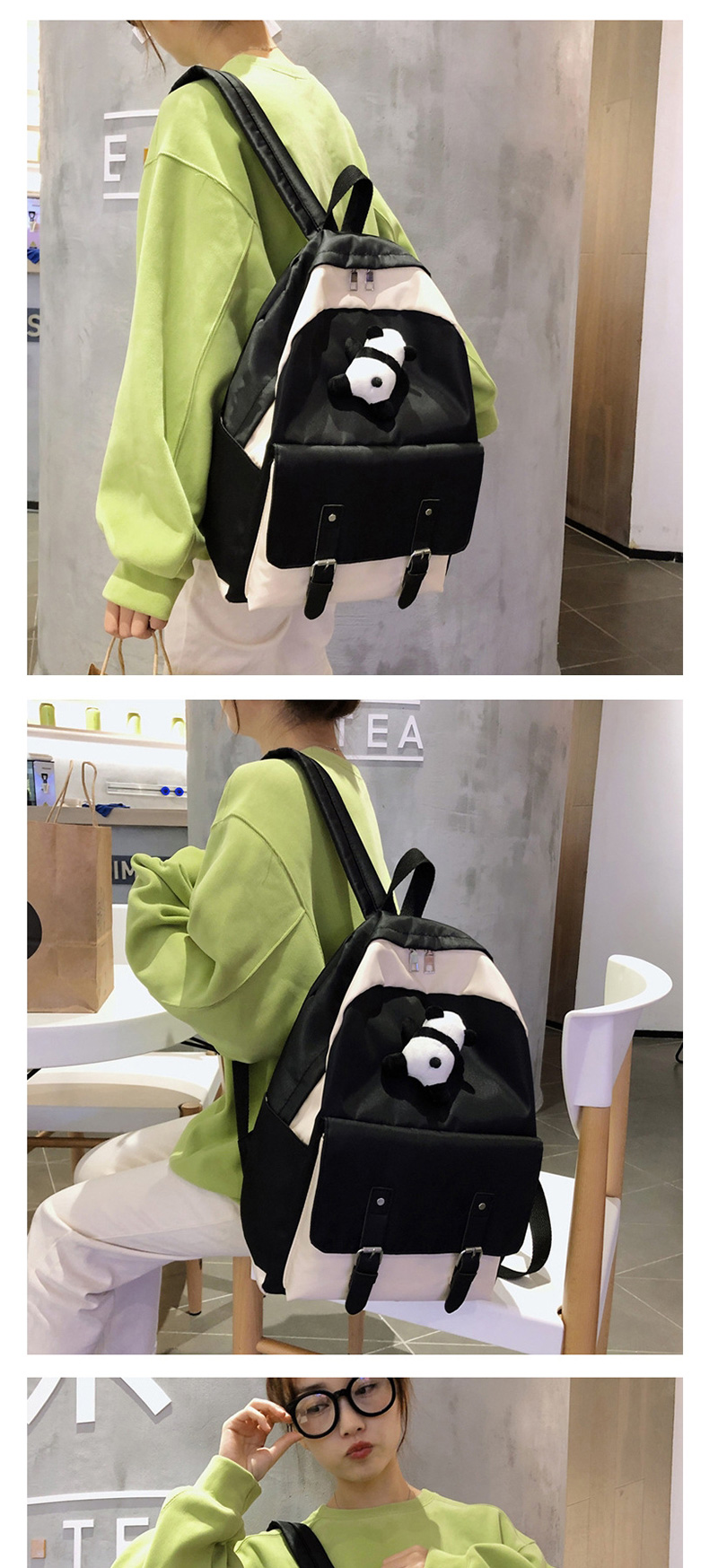Fashion Black Stitched Contrast Belt Buckle Backpack,Backpack