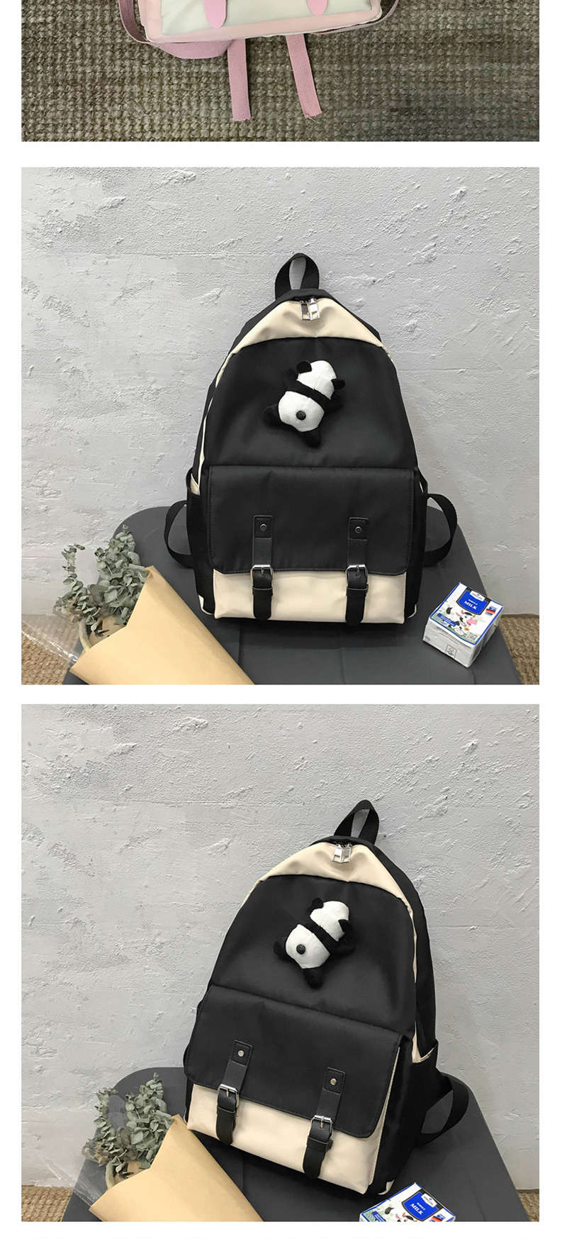 Fashion Black With Pendant Stitched Contrast Belt Buckle Backpack,Backpack