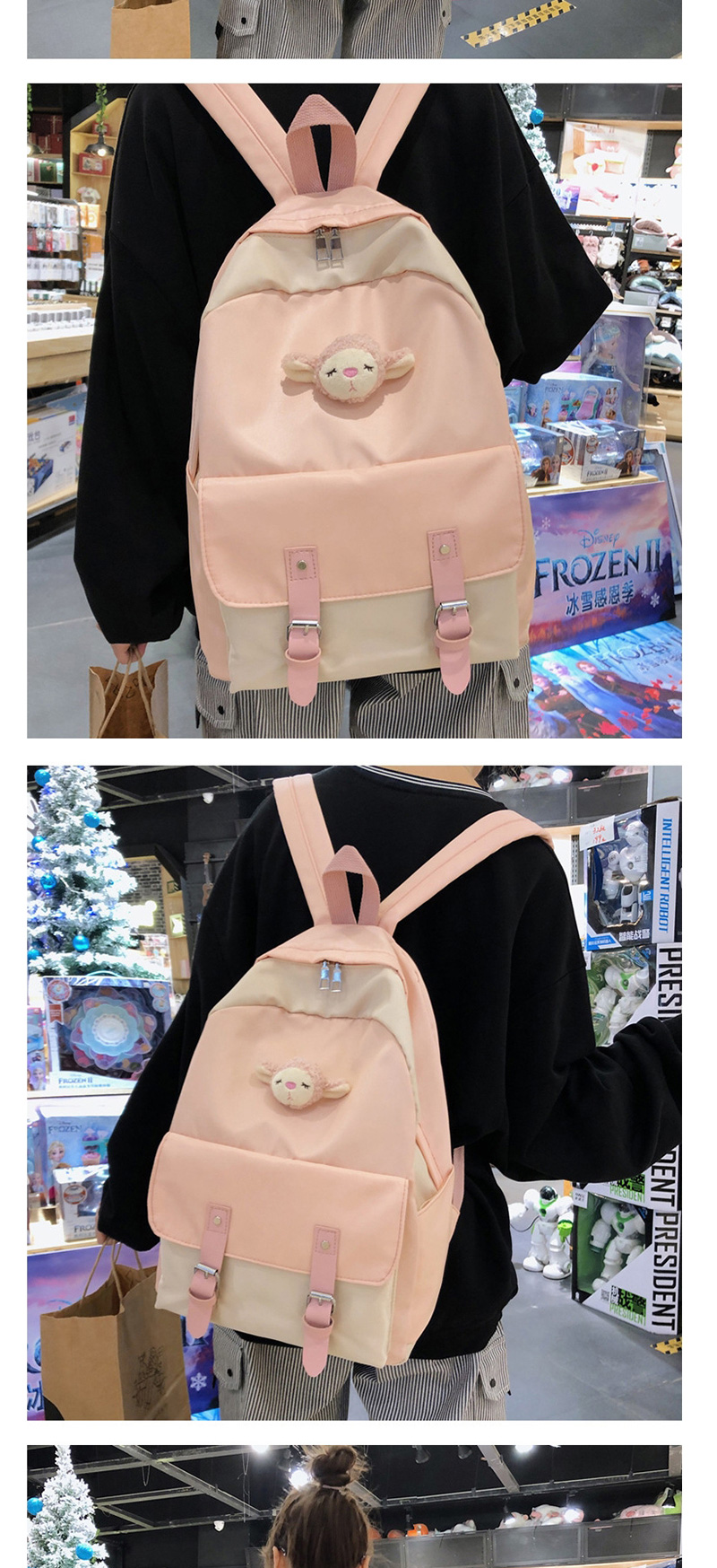 Fashion Pink Stitched Contrast Belt Buckle Backpack,Backpack