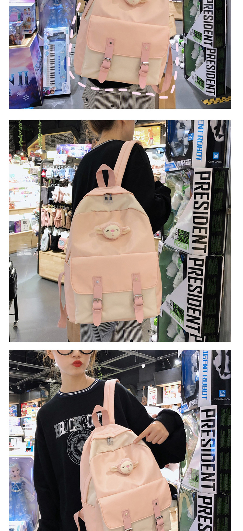 Fashion Pink With Pendant Stitched Contrast Belt Buckle Backpack,Backpack