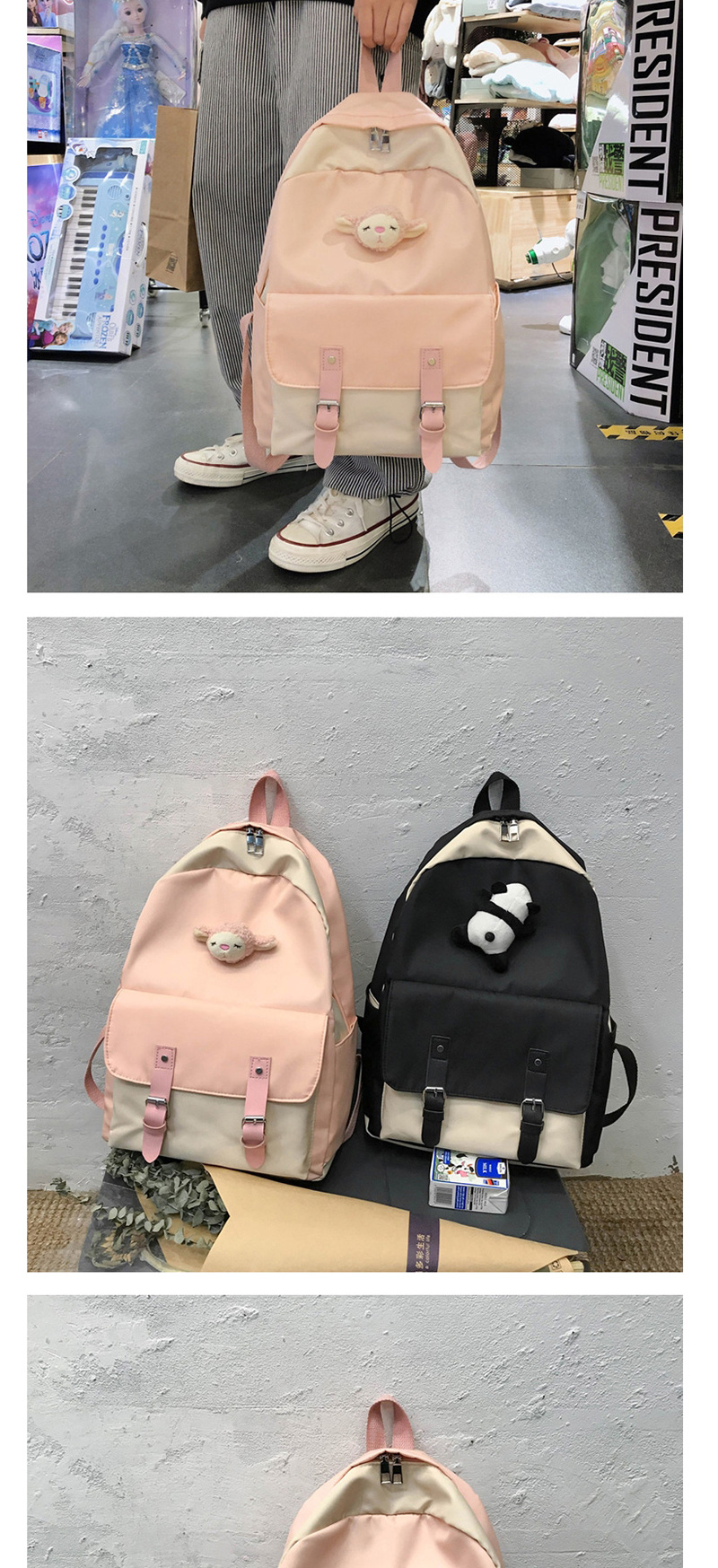 Fashion Black Stitched Contrast Belt Buckle Backpack,Backpack