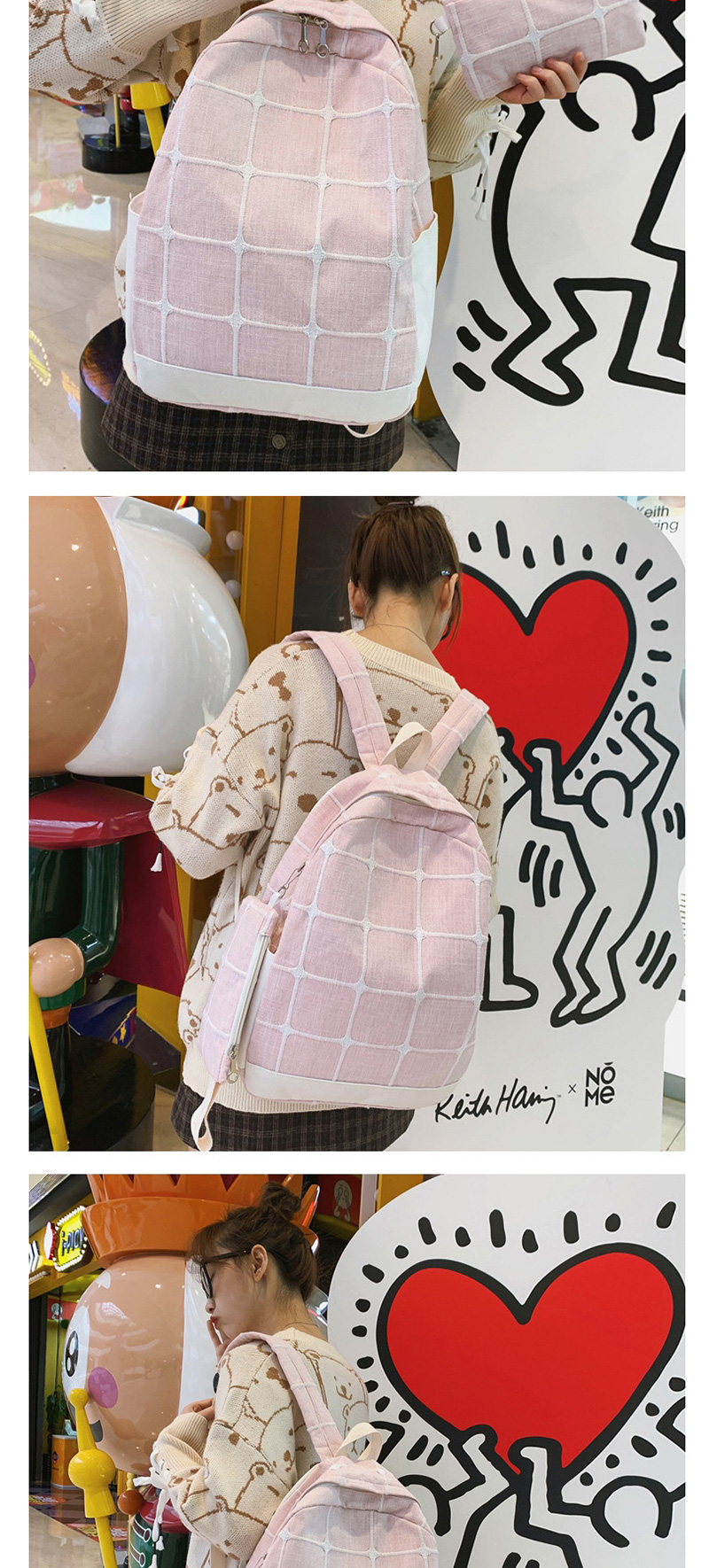 Fashion Pink Embroidered Checked Backpack,Backpack