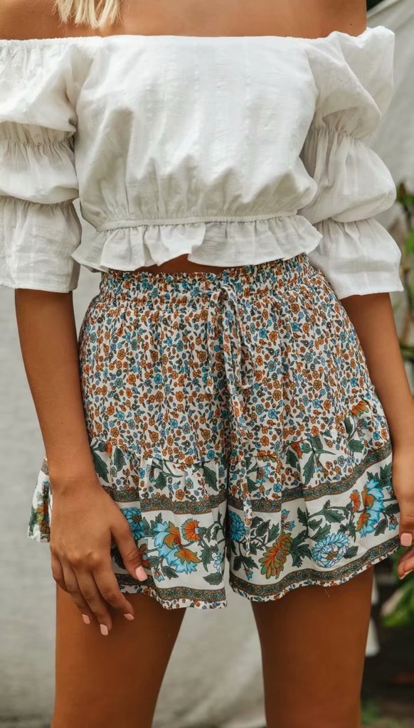 Fashion Color Drawstring Flower Print Shorts,Shorts