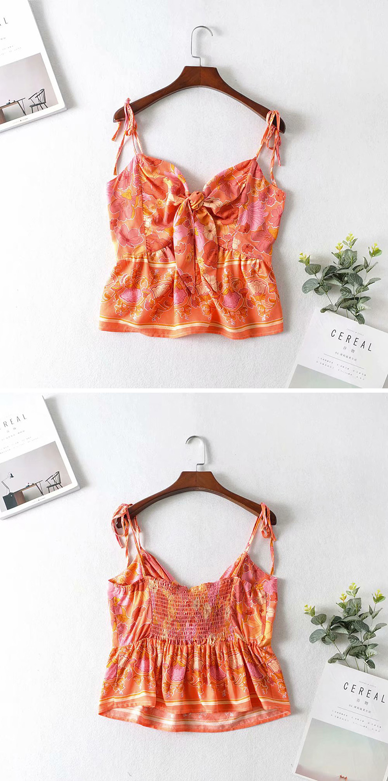 Fashion Orange Printed Flower Bow Tie Set,Tank Tops & Camis