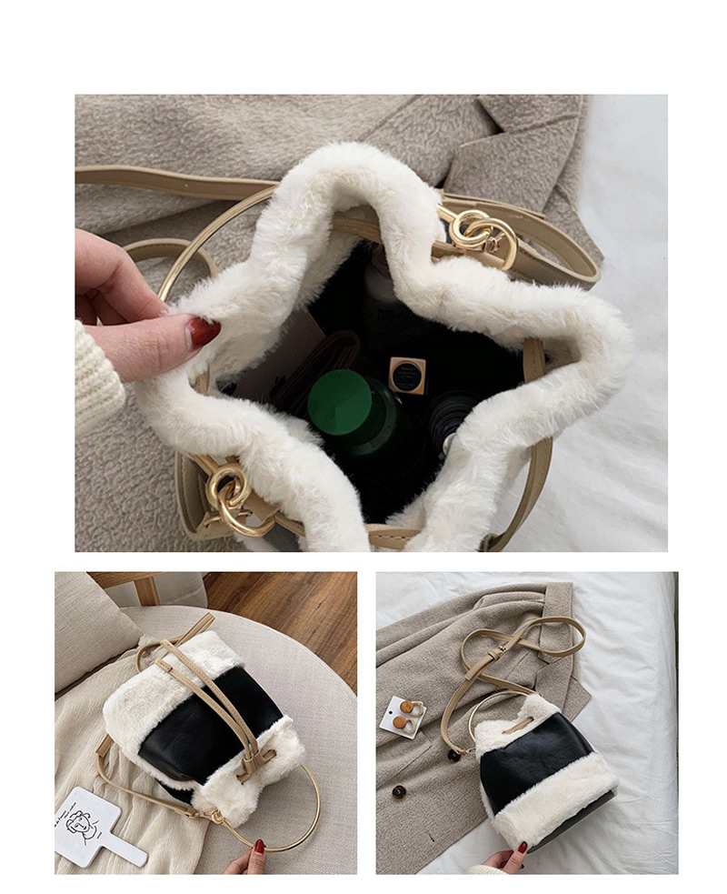 Fashion Black Plush Stitched Contrast Drawstring Shoulder Bag,Handbags