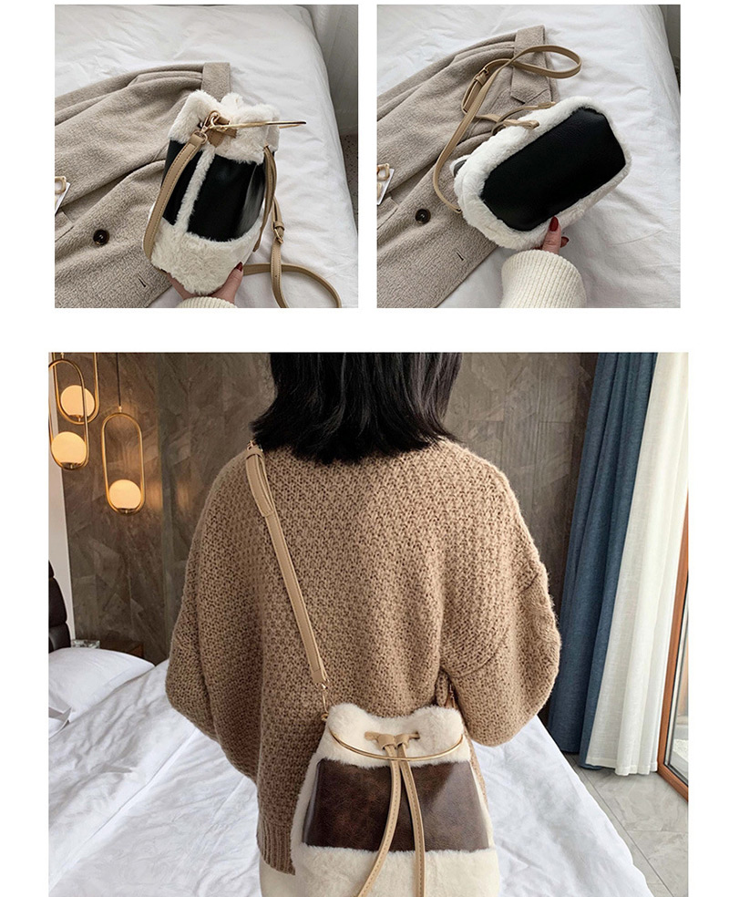 Fashion Brown Plush Stitched Contrast Drawstring Shoulder Bag,Handbags