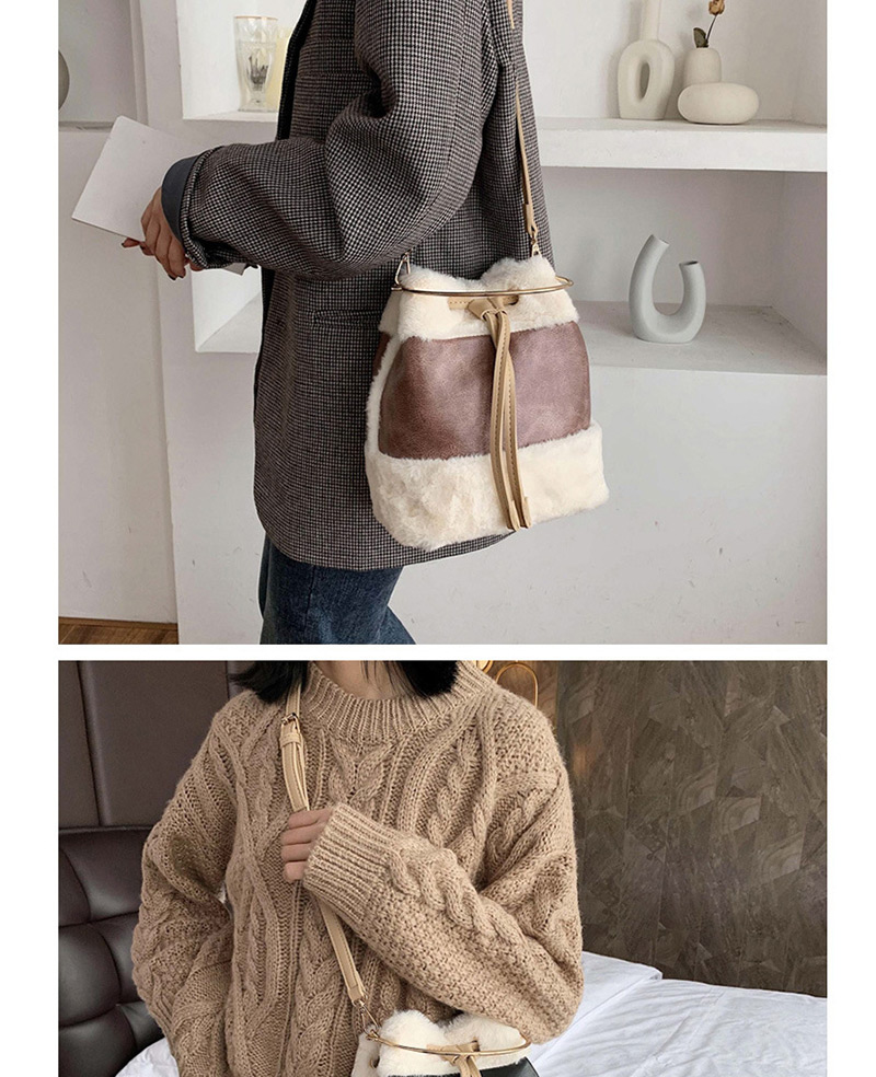 Fashion Brown Plush Stitched Contrast Drawstring Shoulder Bag,Handbags