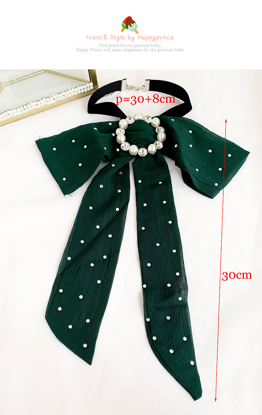 Fashion Dark Green Pearl Ring Rhinestone Chiffon Multi-purpose Brooch Bow Tie,Korean Brooches