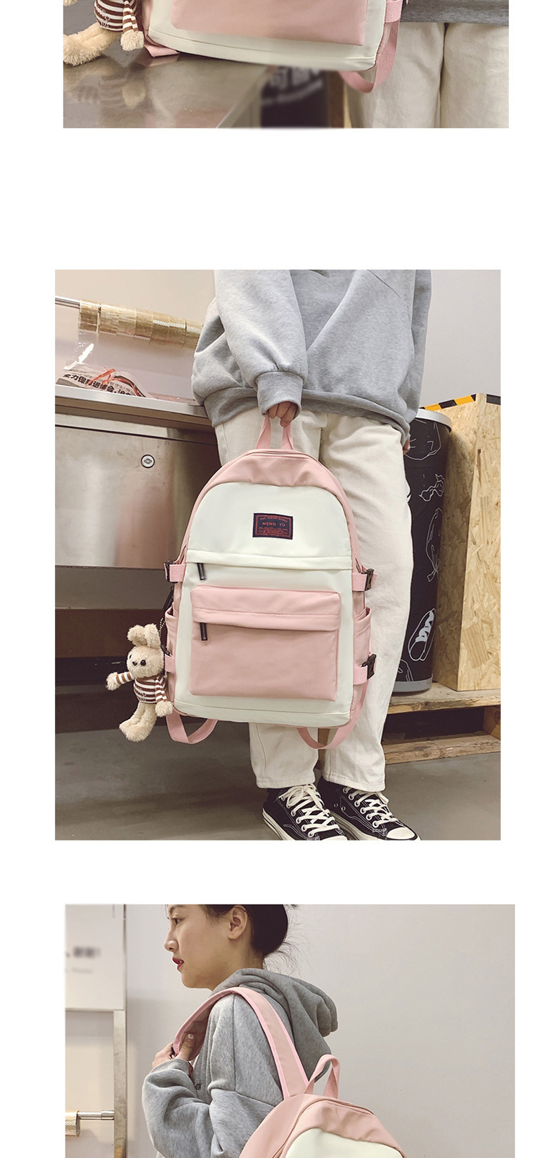 Fashion Pink With Pendant Stitched Contrast-print Alphabet Backpack,Backpack