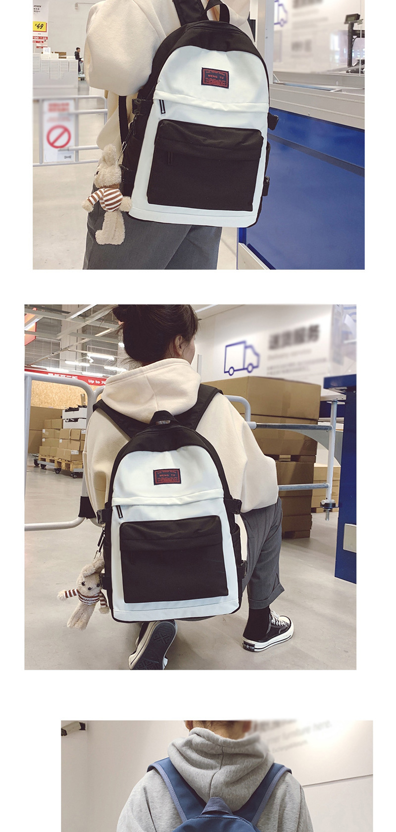 Fashion Black Stitched Contrast-print Alphabet Backpack,Backpack