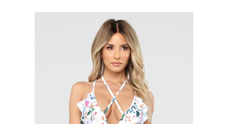 Fashion Printing On White Printed Ruffled Strapless Backless One-piece Swimsuit,One Pieces