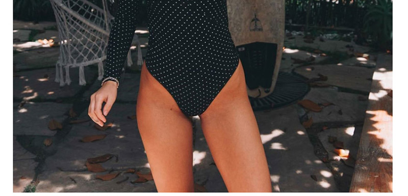 Fashion White Dots On Black Long Sleeve Polka Dot Printed V-neck One Piece Swimsuit,One Pieces