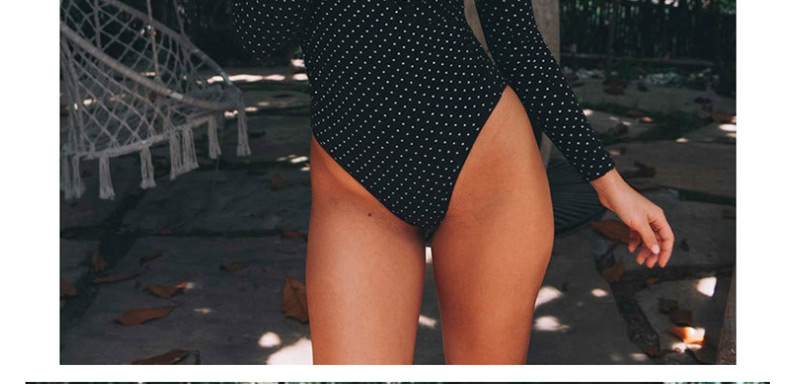 Fashion White Dots On Black Long Sleeve Polka Dot Printed V-neck One Piece Swimsuit,One Pieces