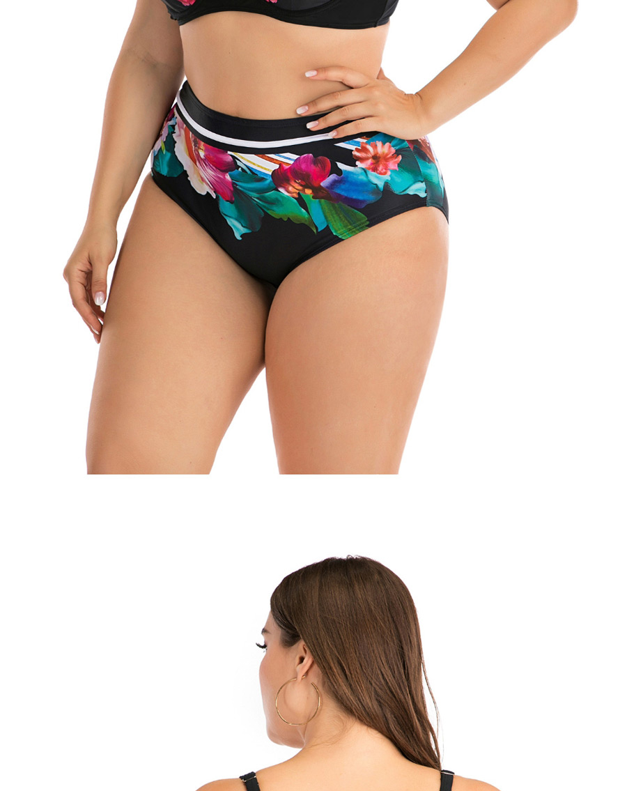 Fashion Black Underwire Flower Print Large Size Split Swimsuit,Swimwear Plus Size