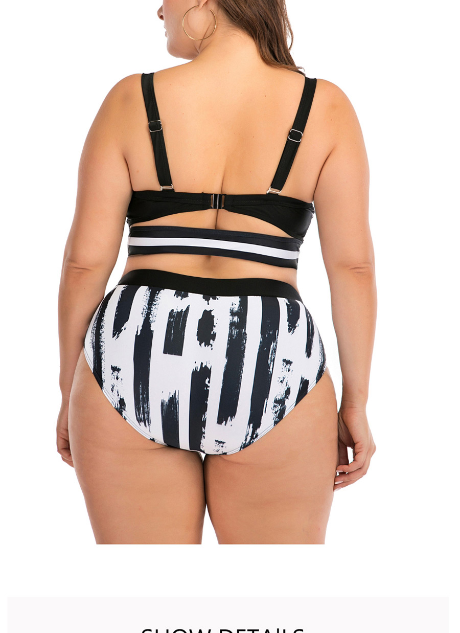 Fashion Black And White Printed Stitching High Waist Plus Size Split Swimsuit,Swimwear Plus Size