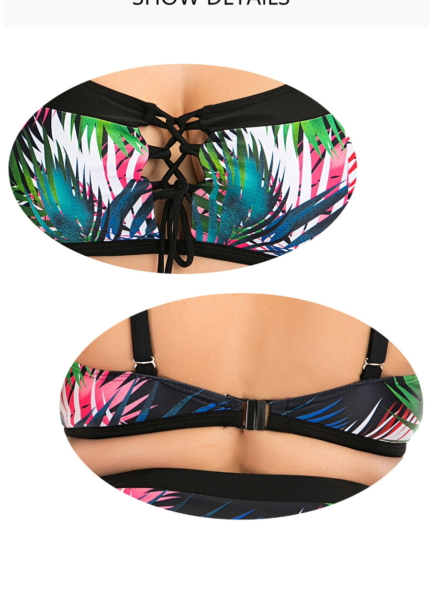 Fashion Colored Leaves Patched Leaf Print Tether Straps Plus Size High Waist Split Swimsuit,Swimwear Plus Size