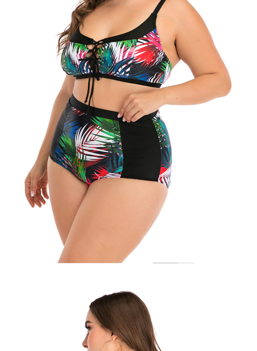 Fashion Colored Leaves Patched Leaf Print Tether Straps Plus Size High Waist Split Swimsuit,Swimwear Plus Size